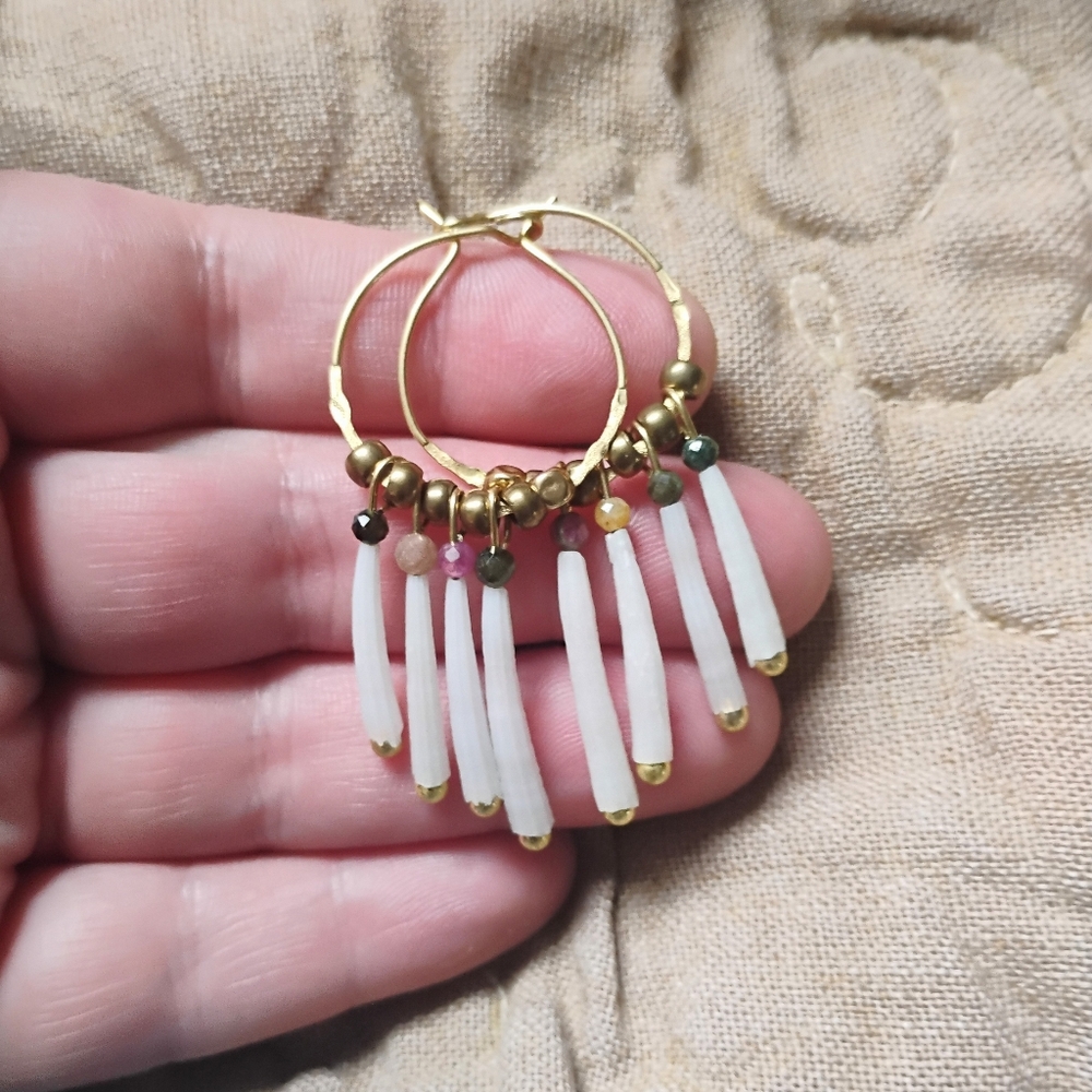 Handmade Tusk Shell And Tourmaline Hoops - Picture 2 of 5
